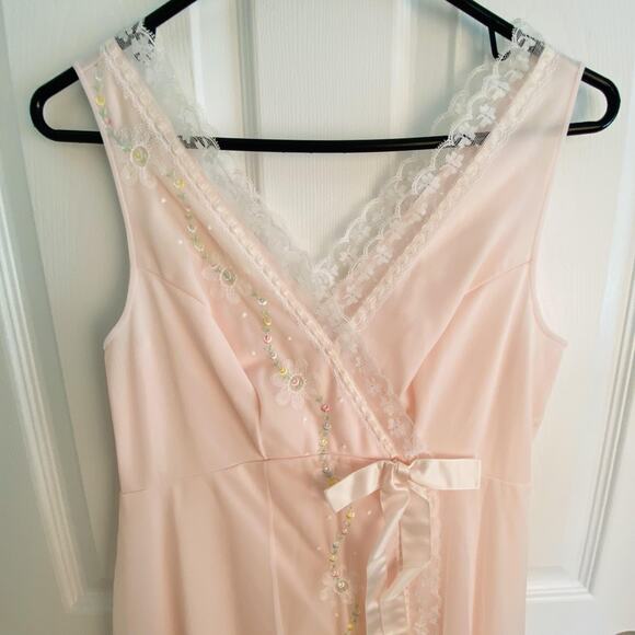 Vtg Shadowline Nightgown Womens Small Pink Wrap Lace Embroidered Lingerie Sheer - Picture 2 of 8